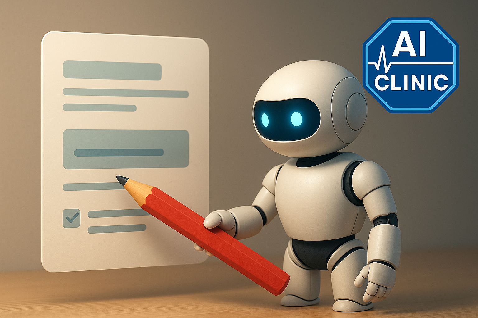 A small robot holding a red pencil reviews a simple document panel, with the AI Clinic badge top-right and the Advancement Quest logo bottom-right, illustrating clear updates without back-and-forth.