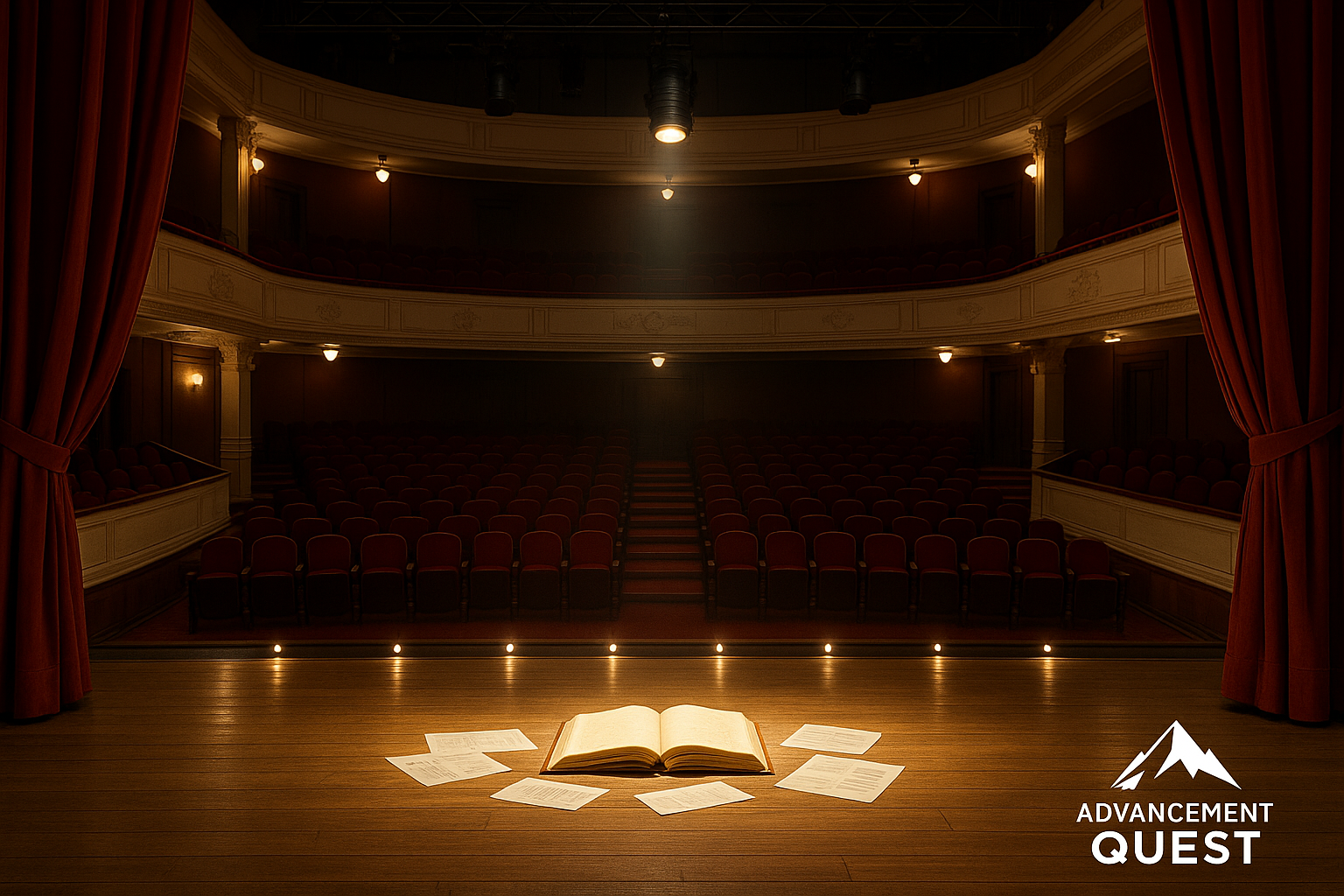 Theatre stage with an open book under a bright spotlight, showing budgeting priorities as a story, with curtains, seats, and balcony clearly visible.