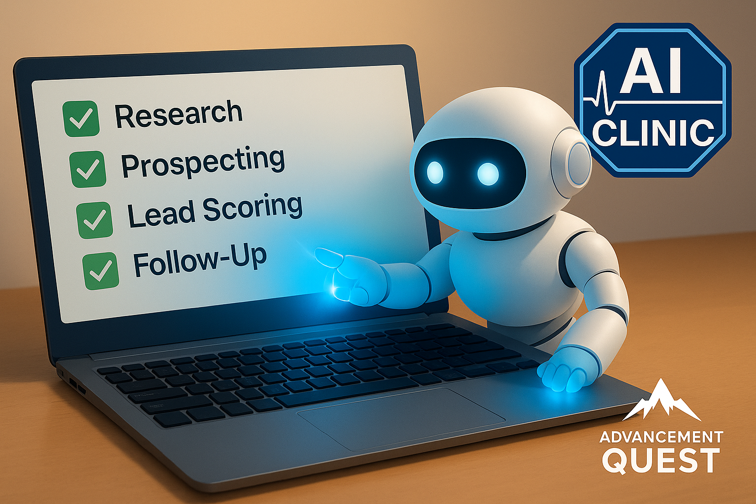 AI robot using sales automation tools to support a small business salesperson, pointing at a laptop checklist with Research, Prospecting, Lead Scoring, and Follow-Up tasks completed. Visual represents AI sales tools for SMEs, AI-driven prospecting, CRM automation, and productivity improvements, with AI Clinic badge and Advancement Quest logo included.